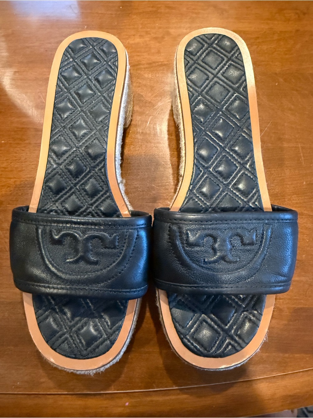 Tory Burch Fleming Espadrille Slide Sandals Black Tan Size 8